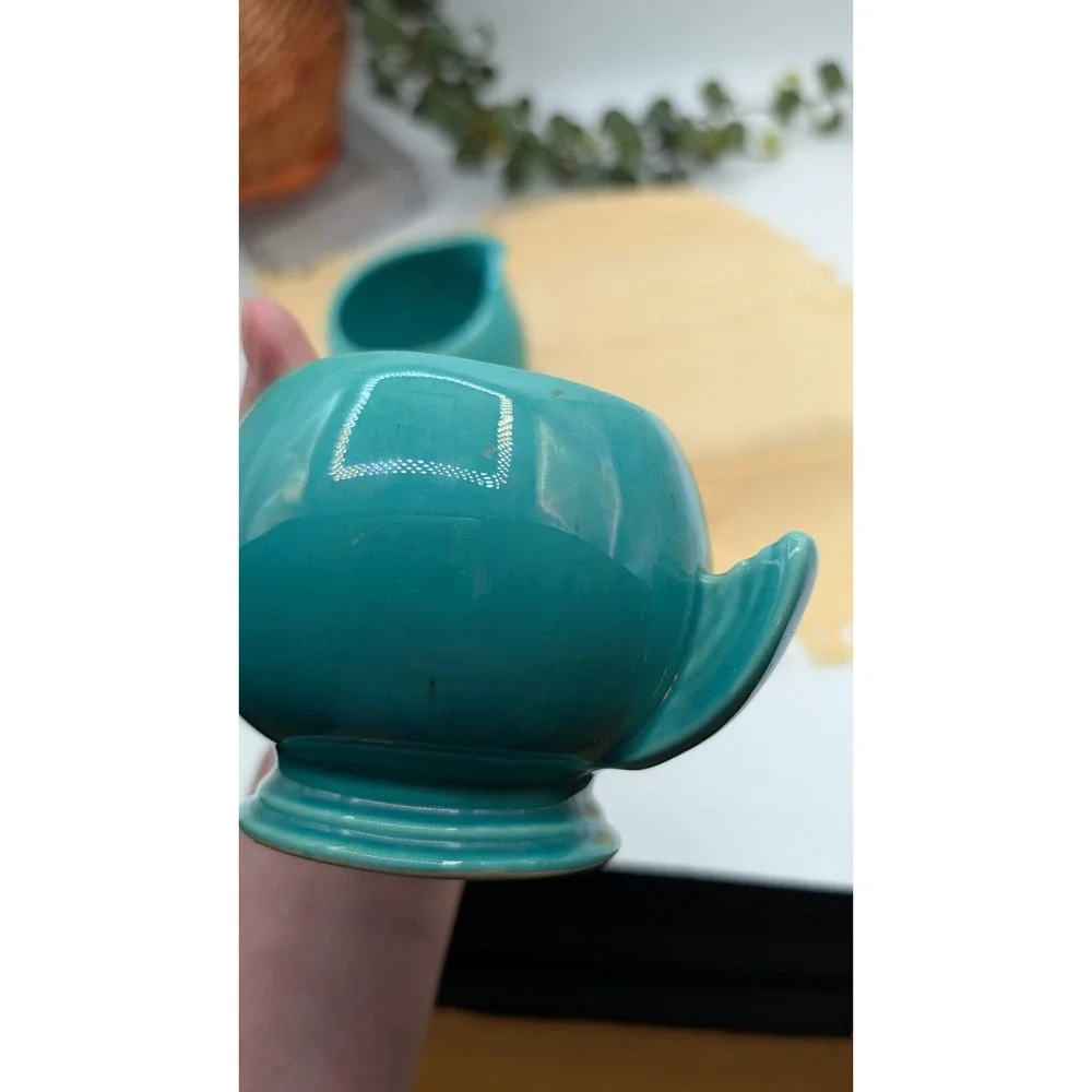 Vintage Art Deco Teal Ceramic Creamer & Sugar Bowl - Wing Handles & Retro Glaze